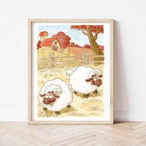 Ilustración animales de granja, ovejas, impresión, mundo animal, muebles de dormitorio, imagen de los niños, arte de la pared de la guardería