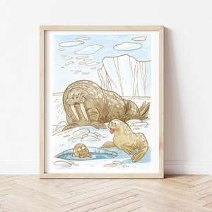 Illustrazione foche,stampa animali artici, arredo camerette, mondo animale, quadro per bimbi,nursery wall art, acquerello,poster