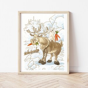 Ilustración reno y armiño, animal de impresión ártica, muebles de dormitorio, mundo animal, pintura infantil, arte de pared de vivero, acuarela