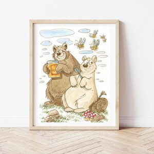 Ilustración de osos con abejas, animales del bosque, ilustración de acuarela, niños, impresión, dormitorios de muebles, carteles, impresión animal