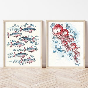 Establecer dos impresiones de acuarela con animales marinos, ilustraciones para niños, dormitorios de muebles, carteles con medusas y sardinas