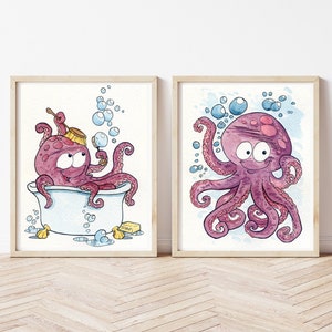 Animali marini, stampe acquerello, illustrazione per bambini, set due stampe