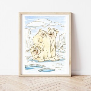 Ilustración de osos polares, animal impreso ártico, muebles de dormitorio, mundo animal, pintura infantil, arte de pared de vivero, acuarela