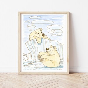 Ilustración de osos polares, impresión de animales árticos, dormitorios de muebles, mundo animal, pintura para niños, arte de pared de vivero, acuarela