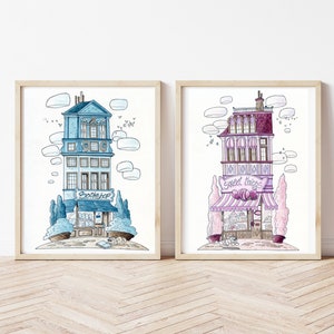 Conjunto de dos estampados de acuarela, tienda infantil, tiendas coloridas, impresiones infantiles, póster de dormitorio, pinturas de habitaciones infantiles