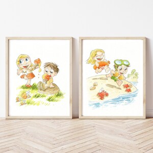 Establecer dos impresiones, ilustraciones de acuarela, muebles de la habitación, dibujos, vacaciones, pinturas de la habitación de los niños, arte de la pared de la guardería, cartel