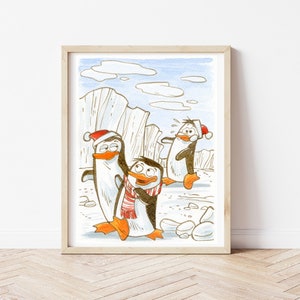 Pinguinos de la ilustración, impresión animal ártica, muebles de dormitorio, mundo animal, imagen de los niños, arte de la pared del vivero, acuarela