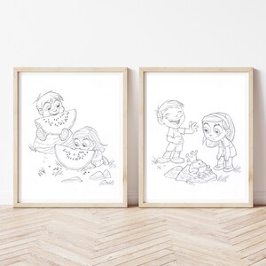 Establecer dos impresiones, ilustraciones, dormitorios de muebles, dibujos a lápiz, vacaciones, pinturas de la habitación de los niños, arte de la pared de la guardería, cartel