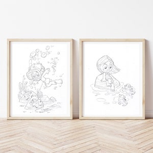 Establecer dos impresiones, ilustraciones, dormitorios de muebles, dibujos a lápiz, vacaciones, pinturas de la habitación de los niños, arte de la pared de la guardería, cartel