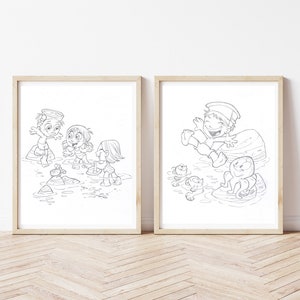 Establecer dos impresiones, ilustraciones, dormitorios de muebles, dibujos a lápiz, vacaciones, pinturas de la habitación de los niños, arte de la pared de la guardería, cartel
