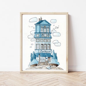 Impresión de acuarela con edificio colorido, ilustración colorida de la tienda, impresiones de la habitación de los niños, cartel del dormitorio, pintura de la habitación de los niños