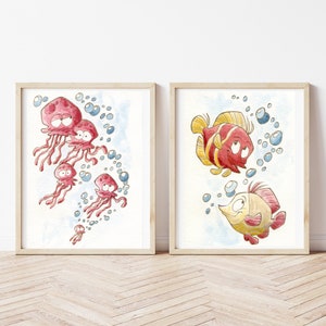 Establecer dos impresiones del mundo marino, ilustraciones de acuarela, medusas y peces, dormitorios de muebles, animales marinos, vivero, pinturas de la habitación de los niños