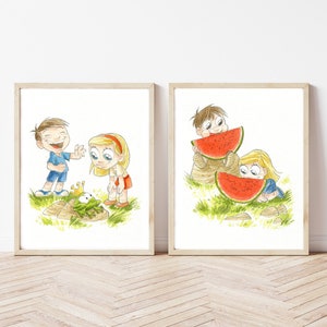 Establecer dos grabados, ilustraciones de acuarela, dormitorios de muebles, dibujos, vacaciones, pinturas de la habitación de los niños, arte de la pared de la guardería, cartel