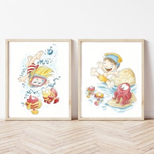 Stel twee prenten, aquarel illustraties, meubels slaapkamers, tekeningen, vakantie, kinderkamer schilderijen, kinderkamer kunst, poster