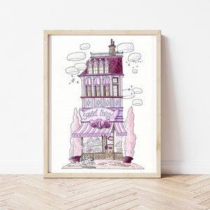 Impresión de acuarela con edificio colorido, ilustración colorida de la tienda, impresiones de la habitación de los niños, cartel del dormitorio, pintura de la habitación de los niños