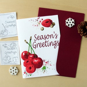 Biglietti di buone feste con frutta dipinta ad acquerello, biglietti d'auguri con ciliegie ad acquerello, auguri con disegni colorati
