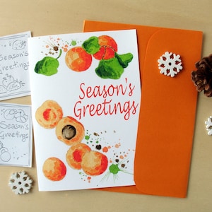 Biglietti di buone feste con frutta dipinta ad acquerello, biglietti d'auguri con albicocche  ad acquerello, auguri con disegni colorati
