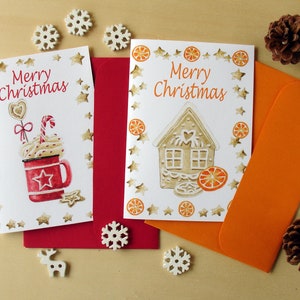 Biglietti di buon Natale con disegni ad acquerello, biglietti d'auguri ad acquerello, auguri natalizi con disegni colorati