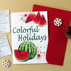 Biglietti di buone feste con frutta dipinta ad acquerello, biglietti d'auguri con anguria ad acquerello, auguri con disegni colorati
