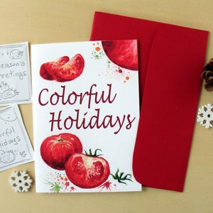 Biglietti di buone feste con frutta dipinta ad acquerello, biglietti d'auguri con pomodori  ad acquerello, auguri con disegni colorati