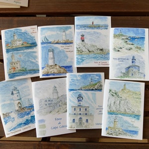 Tarjetas con faros de acuarela, tarjetas colgantes con faros de acuarela sarda hechos a mano, ilustraciones impresas de cumpleaños