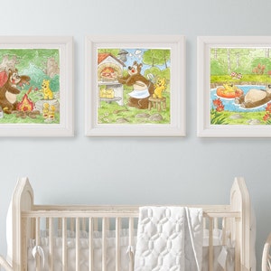 Conjunto de tres pinturas para la habitación de los niños con osos lindos, cartel para la habitación con osos y colores alegres, tres impresiones de oso de acuarela