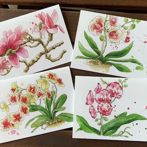 Cards with watercolor flowers, hanging cards with handmade watercolor orchids, printed birthday illustrations