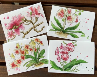 Biglietti con fiori ad acquerello, cartoline di appendere con orchidee ad acquerello fatti a mano, illustrazioni stampate compleanno