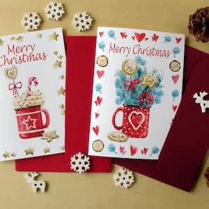 Biglietti di buon Natale con disegni ad acquerello, biglietti d'auguri ad acquerello, auguri con due tazze rosse natalizie