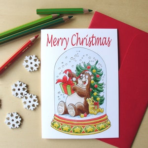 Biglietto di buon Natale ad acquerello con orsetti dentro la palla di neve, biglietto d'auguri con palla di neve colorata