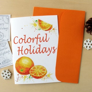 Biglietti di buone feste con frutta dipinta ad acquerello, biglietti d'auguri con arance ad acquerello, auguri con disegni colorati