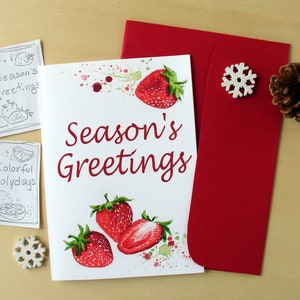 Biglietti di buone feste con frutta dipinta ad acquerello, biglietti d'auguri con fragole ad acquerello, auguri con disegni colorati