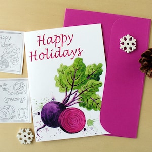 Biglietti di buone feste con frutta dipinta ad acquerello, biglietti d'auguri con rape rosse ad acquerello, auguri con disegni colorati