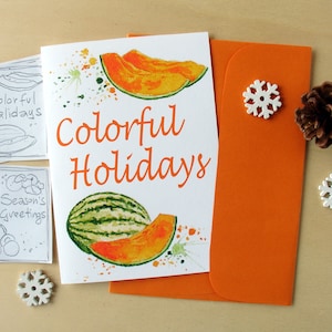 Biglietti di buone feste con frutta dipinta ad acquerello, biglietti d'auguri con melone ad acquerello, auguri con disegni colorati