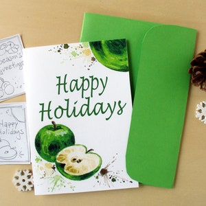 Biglietti di buone feste con frutta dipinta ad acquerello, biglietti d'auguri con mele verdi ad acquerello, auguri con disegni colorati
