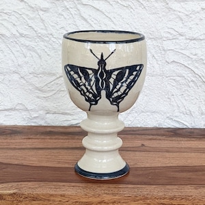 Vintage Ceramic Extra Large Ceramic Goblet or Planter, Butterfly Design, Blue and White, Approx. 8.25&quot; Tall