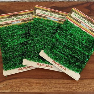 Vintage Set of 3 Barcana Green Sparkling Tinsel Cord, New Old Christmas Stock, Each Package 33 Feet, Made in Canada, 1960s