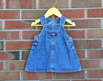 12M Vintage OshKosh BGosh Vestbak the Genuine Article Blue Denim Overall Dress, Buttons with Bib Front, 100% Cotton, 1990s-Early 2000s