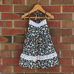 12-24M Vintage Toddler Girl Dress, Pirouette Brand, Navy Blue with Pink, Yellow and Blue Flowers and Lace Trim, Made in Canada, 1970-80s