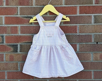 24M Vintage OshKosh B'Gosh Vestbak Echter Artikel Rosa Karo Streifen Overall Kleid, Taschen und Knöpfe, Made in Canada, 100% Baumwolle, 1990er