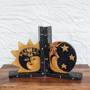 Vintage Wood Sun and Moon Bookends, Anthropomorphic Celestial Decor, Black, Yellow and Gold, Hand Painted, 1990s