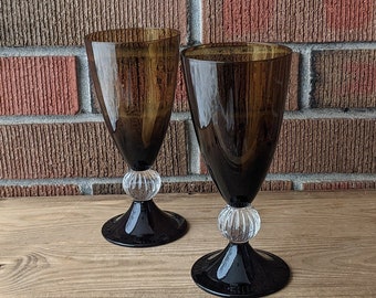 Vintage Pair of Brown Wine Glasses/Goblets, Smoked Brown Glass with Clear Ball, Retro Barware, 12 oz, 1970s