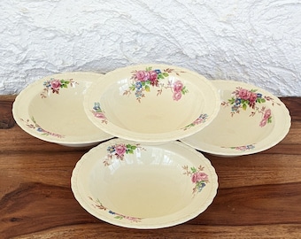 Ensemble vintage de 4 bols en pierre de fer avec rebord Myott, motif roses June, Staffordshire, Angleterre, années 40