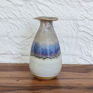 Vintage Kamini Pottery Vase, Blue and Beige Drip Glaze Ceramic, Made in Greece, 8.25&quot; Height, 1970s