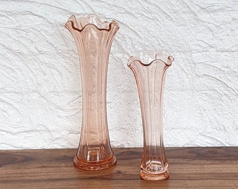 Mid Century Pair of Pink Ruffle Top Glass Swung Vases, Boho Vintage Flower Vases, 1960s