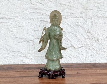 Antique Chinese Hand Carved Jade Sculpture on Wood Base
