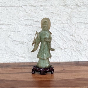 Antique Chinese Hand Carved Jade Sculpture on Wood Base