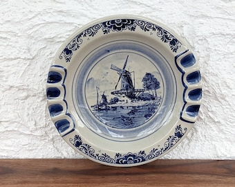 Vintage Delft Blue Ceramic Ashtray, Hand Painted Blue and White, Windmill with Floral Border, Trinket/Ring Dish, Made in Holland