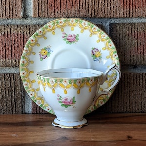Royal Albert Teacup and Saucer, Torquay, Hand Painted Flowers with Gilding, Malvern Shape, English Bone China, 1927-35