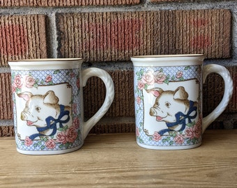 Vintage Ceramic Pair of Giftcraft Japan Pig Mugs, Pigs with Blue Bow and Pink Roses, Farmhouse Kitchen Mugs, 10 oz, 1980-90s